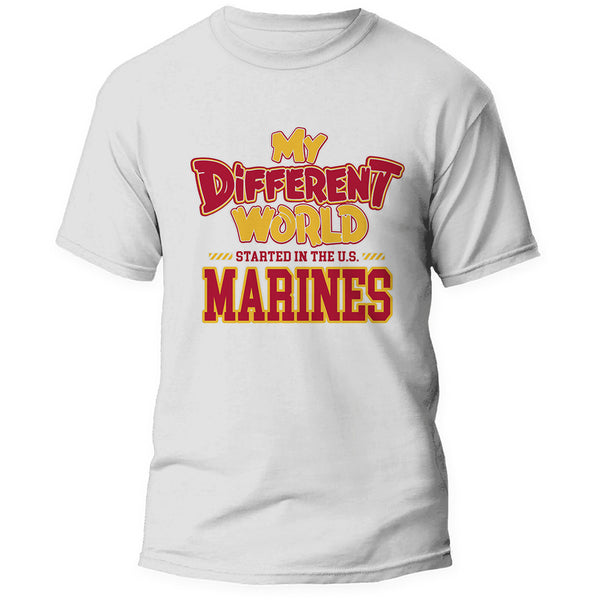 Front of the My Different World U.S. Marines white tee, center print in scarlet and gold