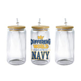 Clear 16 oz glass can tumbler with bamboo lid and straw and the My Different World Started in the U.S. Navy design
