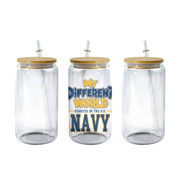 Clear 16 oz glass can tumbler with bamboo lid and straw and the My Different World Started in the U.S. Navy design