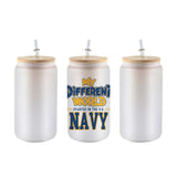 Frosted 16 oz glass can tumbler with bamboo lid and straw and the My Different World Started in the U.S. Navy design