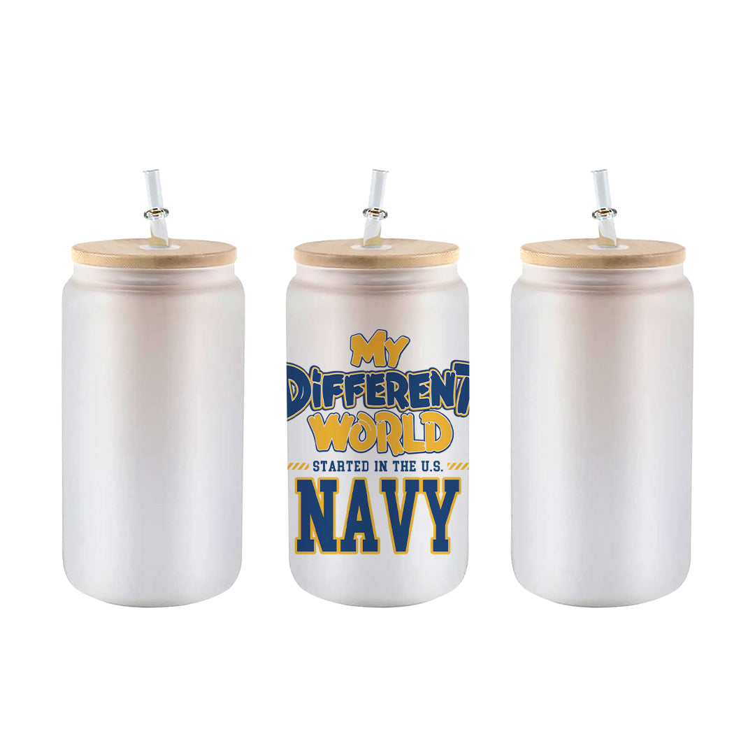 Frosted 16 oz glass can tumbler with bamboo lid and straw and the My Different World Started in the U.S. Navy design