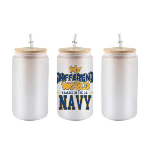 Frosted 16 oz glass can tumbler with bamboo lid and straw and the My Different World Started in the U.S. Navy design