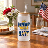 Frosted glass can with the My Different World U.S. Navy design on a kitchen table on Veterans Day morning