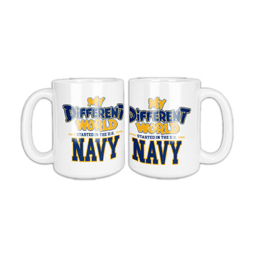 White coffee mug, two sides shown, that reads My Different World Started in the U.S. Navy in navy blue and gold