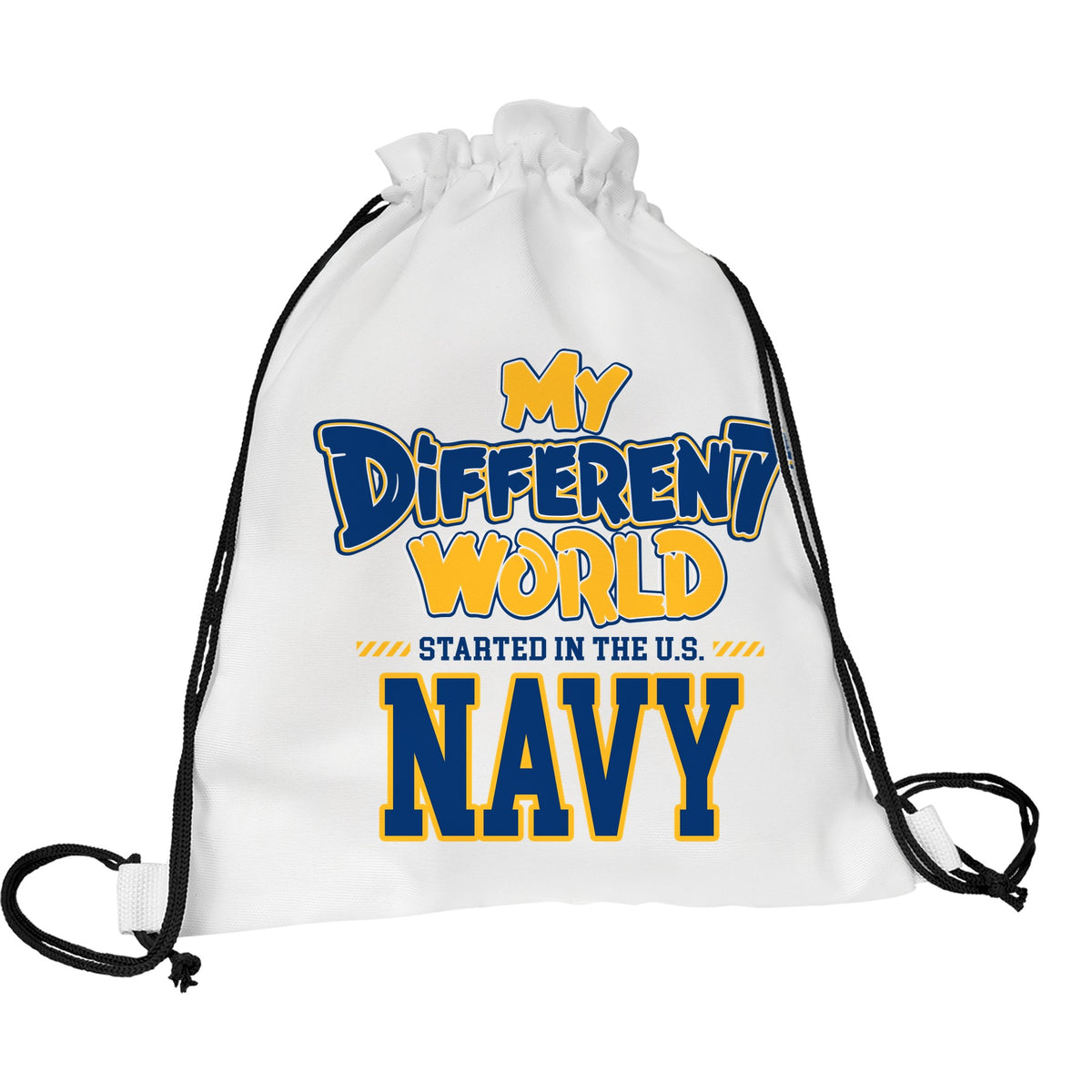 White drawstring backpack with black cords that reads My Different World Started in the U.S. Navy in navy blue and gold