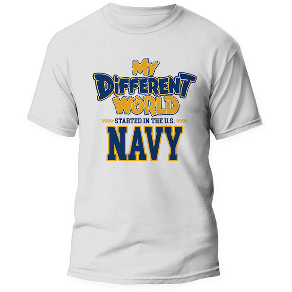 Front of the My Different World U.S. Navy white tee, center print in navy blue and gold