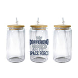Clear 16 oz glass can tumbler with bamboo lid and straw and the My Different World Started in the U.S. Space Force design