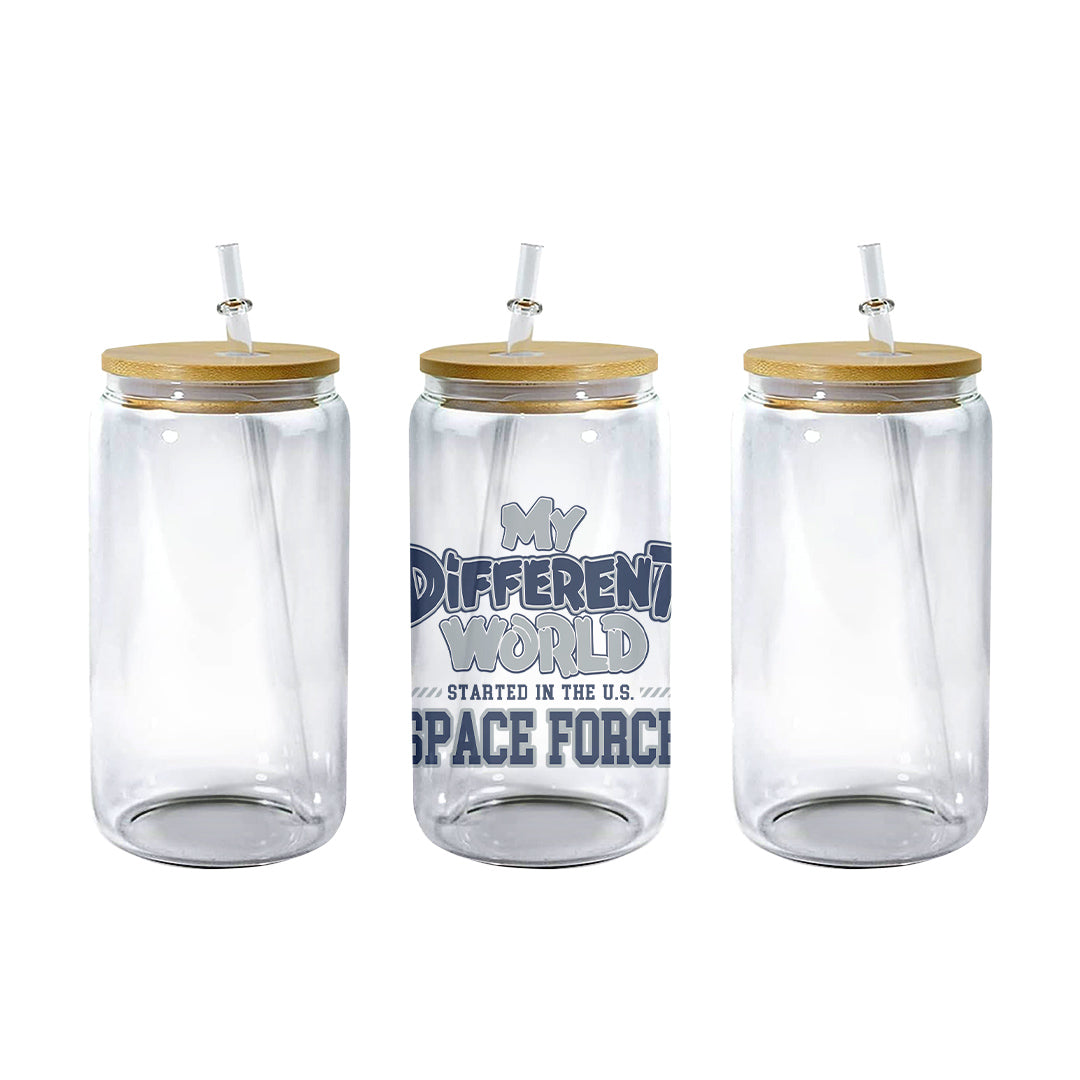 Clear 16 oz glass can tumbler with bamboo lid and straw and the My Different World Started in the U.S. Space Force design