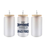 Frosted 16 oz glass can tumbler with bamboo lid and straw and the My Different World Started in the U.S. Space Force design