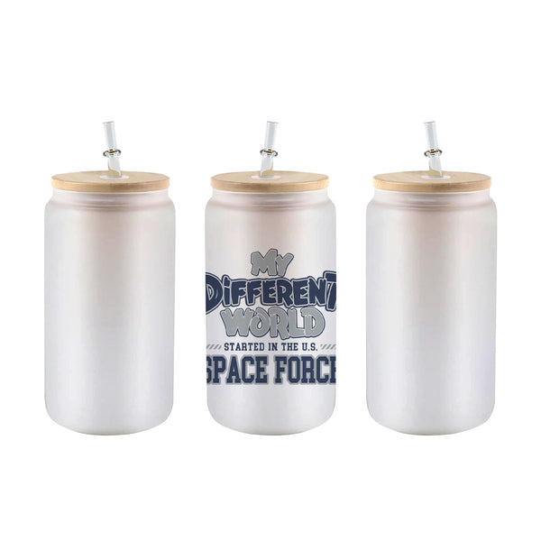 Frosted 16 oz glass can tumbler with bamboo lid and straw and the My Different World Started in the U.S. Space Force design