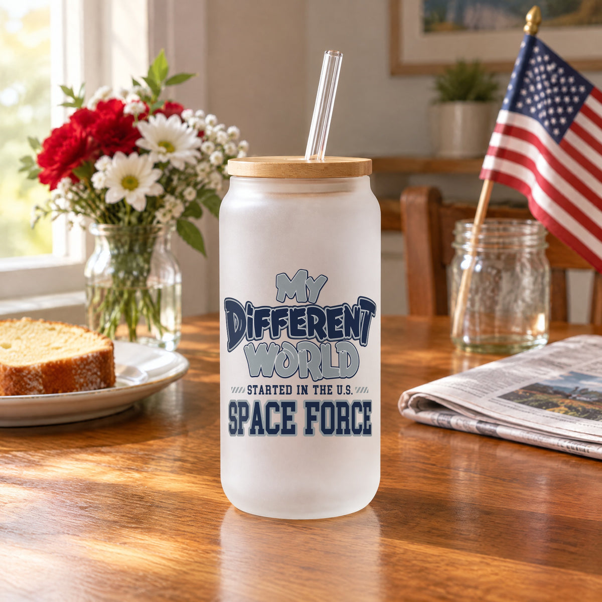 Frosted glass can with the My Different World U.S. Space Force design on a kitchen table on Veterans Day morning
