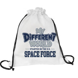 White drawstring backpack with black cords that reads My Different World Started in the U.S. Space Force in navy and silver