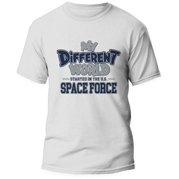Front of the My Different World U.S. Space Force white tee, center print in navy and silver