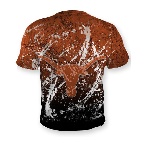 Back of the On The Court custom basketball shirt, burnt orange splatter all over print with the longhorn