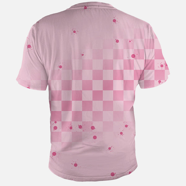 PowHerful in Pink all over pink shirt with checker and paint splatter, back