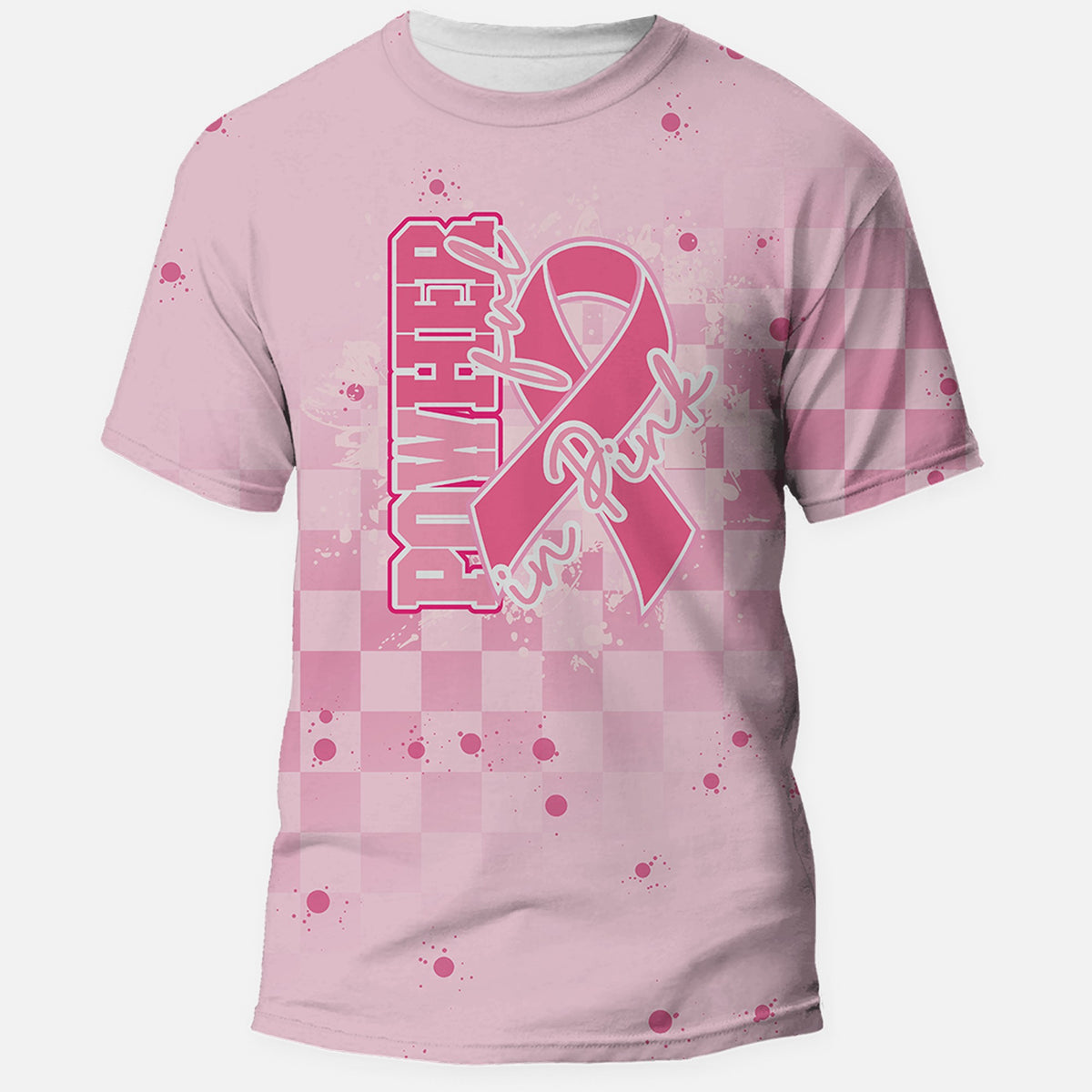 PowHerful in Pink all over pink shirt with checker and paint splatter, front