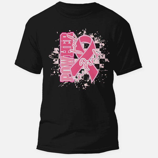 PowHerful in Pink breast cancer awareness graphic tee, pink ribbon design on a black shirt