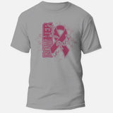 PowHerful in Pink breast cancer awareness graphic tee, pink ribbon design on a heather grey shirt
