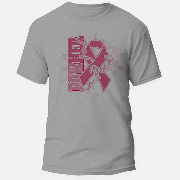 PowHerful in Pink breast cancer awareness graphic tee, pink ribbon design on a heather grey shirt