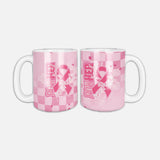 PowHerful in Pink coffee mug, all over pink checker with a pink ribbon design