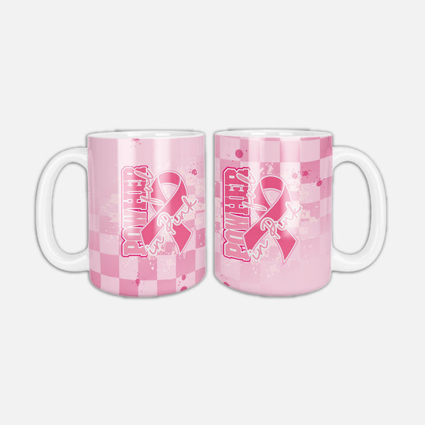 PowHerful in Pink coffee mug, all over pink checker with a pink ribbon design
