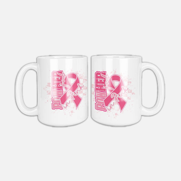 PowHerful in Pink coffee mug, white with a pink ribbon design on both sides