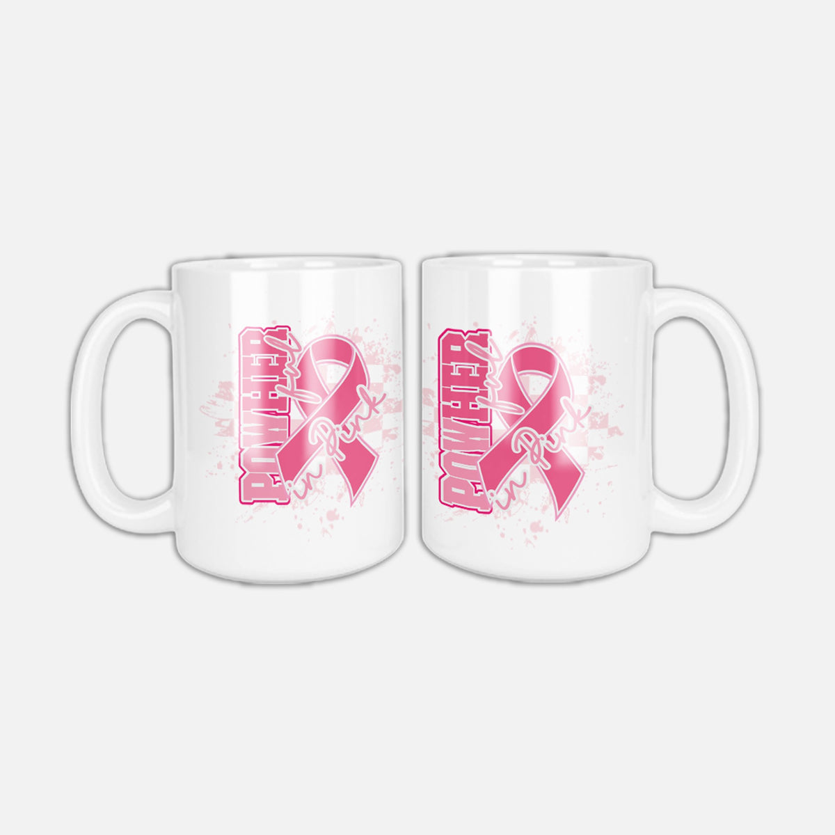 PowHerful in Pink coffee mug, white with a pink ribbon design on both sides