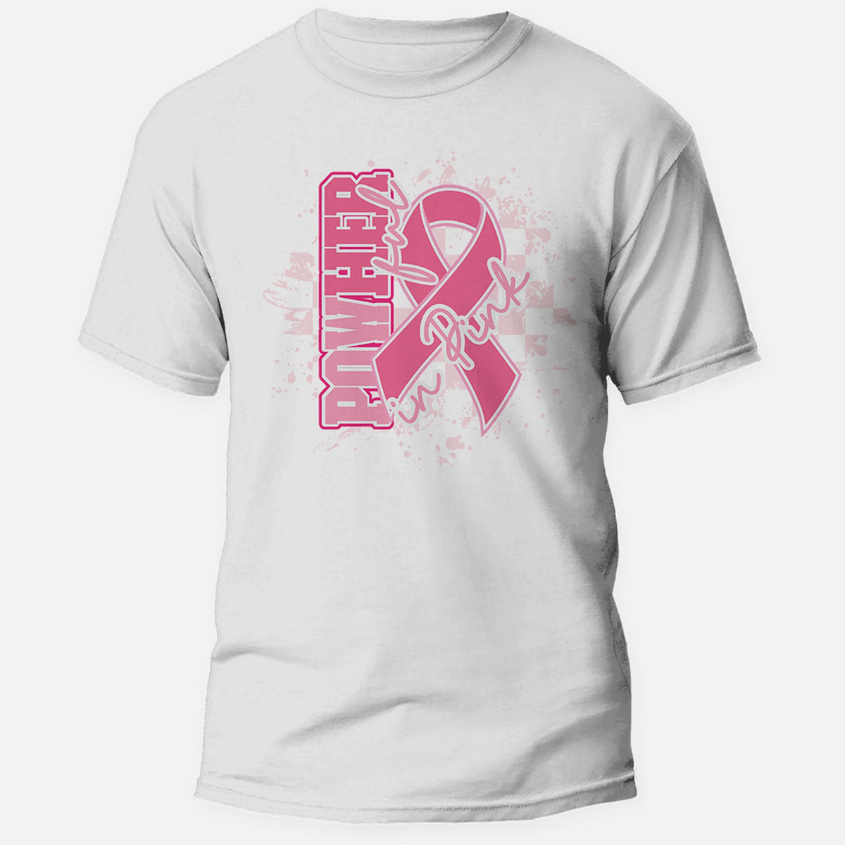 PowHerful in Pink breast cancer awareness shirt, pink ribbon center print on a white shirt