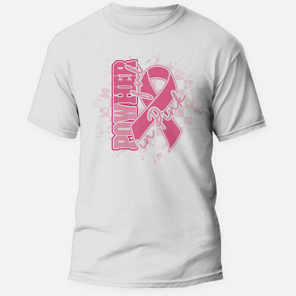PowHerful in Pink breast cancer awareness shirt, pink ribbon center print on a white shirt