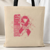 PowHerful in Pink tote bag, beige with black handles, pink ribbon design