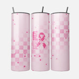 PowHerful in Pink 20 oz tumbler, all over pink checker with a pink ribbon design
