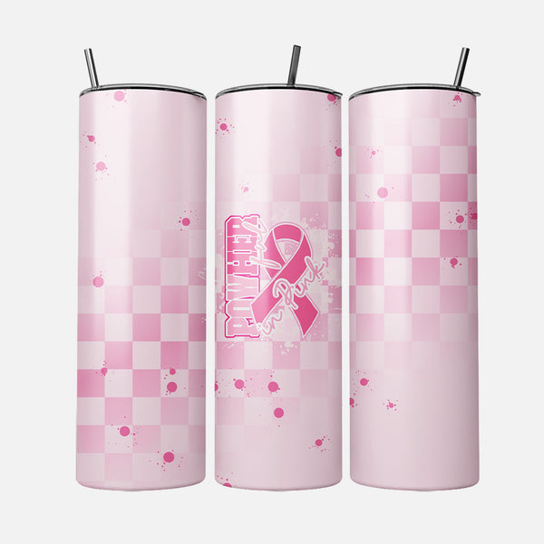 PowHerful in Pink 20 oz tumbler, all over pink checker with a pink ribbon design