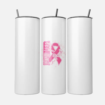 PowHerful in Pink 20 oz tumbler, white with a pink ribbon design