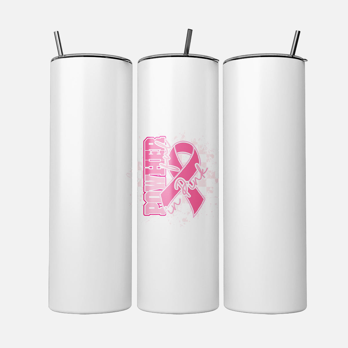 PowHerful in Pink 20 oz tumbler, white with a pink ribbon design