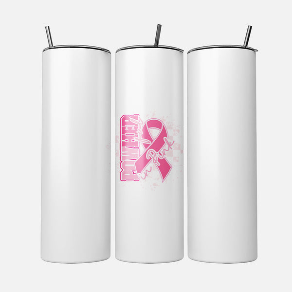 PowHerful in Pink 20 oz tumbler, white with a pink ribbon design