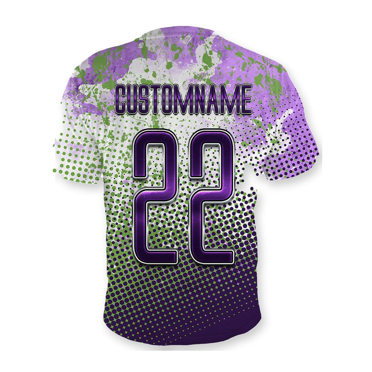Back of the Premium All Over graduation shirt, custom name and number 22 in purple and green