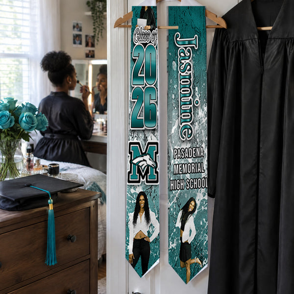 Custom teal graduation stole with Class of 2026, name and photos, hanging on a closet door on graduation morning