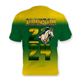 Back of the Premium Graduation Gold sublimation shirt, last name and class year in green and gold