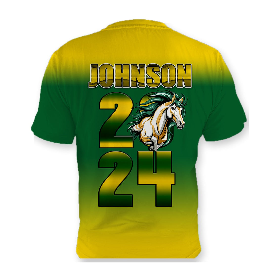Back of the Premium Graduation Gold sublimation shirt, last name and class year in green and gold