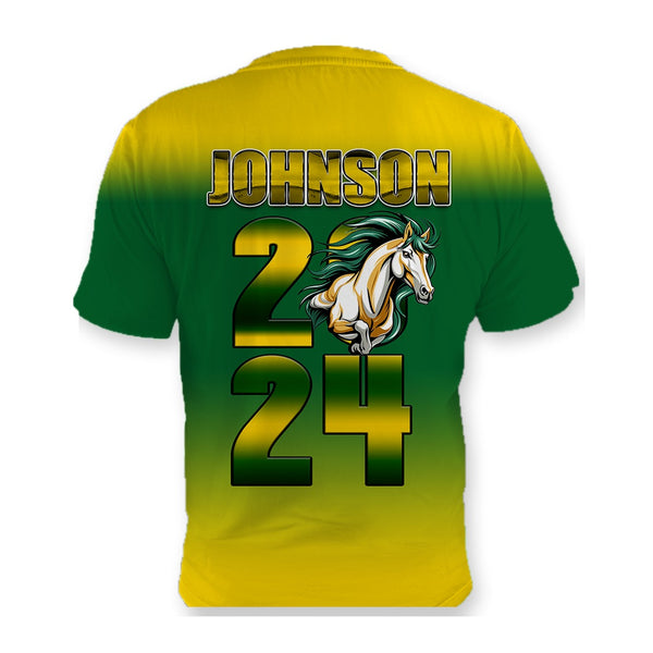 Back of the Premium Graduation Gold sublimation shirt, last name and class year in green and gold