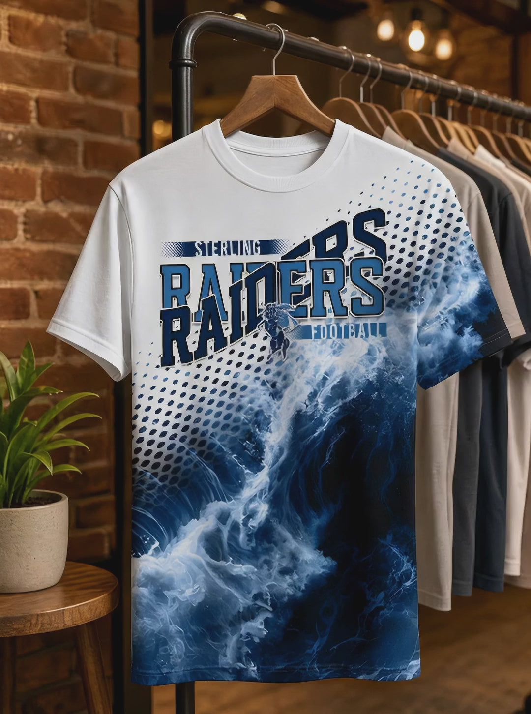 Slow push in on the all over game day spirit shirt hanging on a boutique clothing rack.