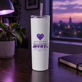 Love Shouldn't Hurt domestic violence awareness tumbler on a desk in purple evening light, short video