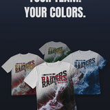 Four all over game day spirit shirts with the same design in navy and light blue, red and black, maroon and gold, and green and gold, turning in a circle.