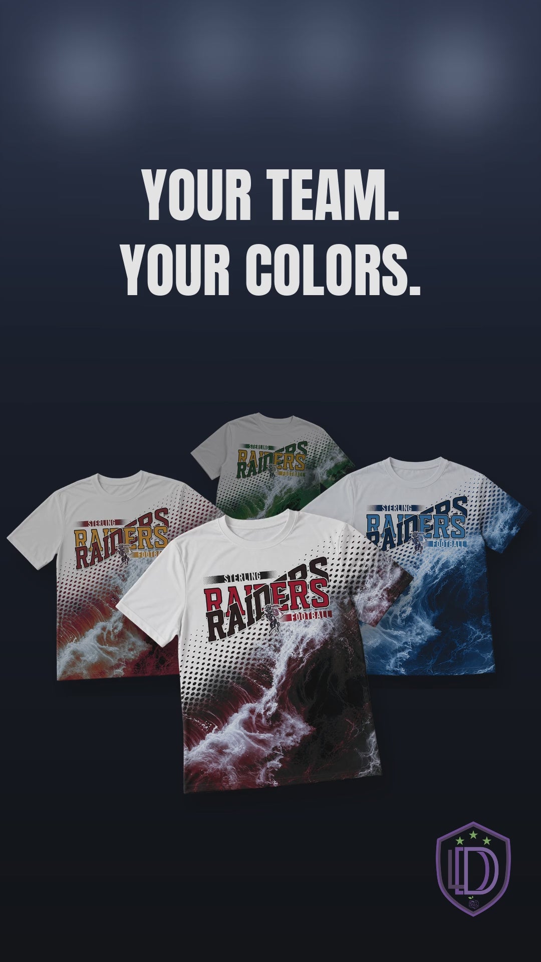 Four all over game day spirit shirts with the same design in navy and light blue, red and black, maroon and gold, and green and gold, turning in a circle.