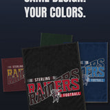 Four game day rally towels with the same design in navy and light blue, red and black, maroon and gold, and green and gold, turning in a circle.