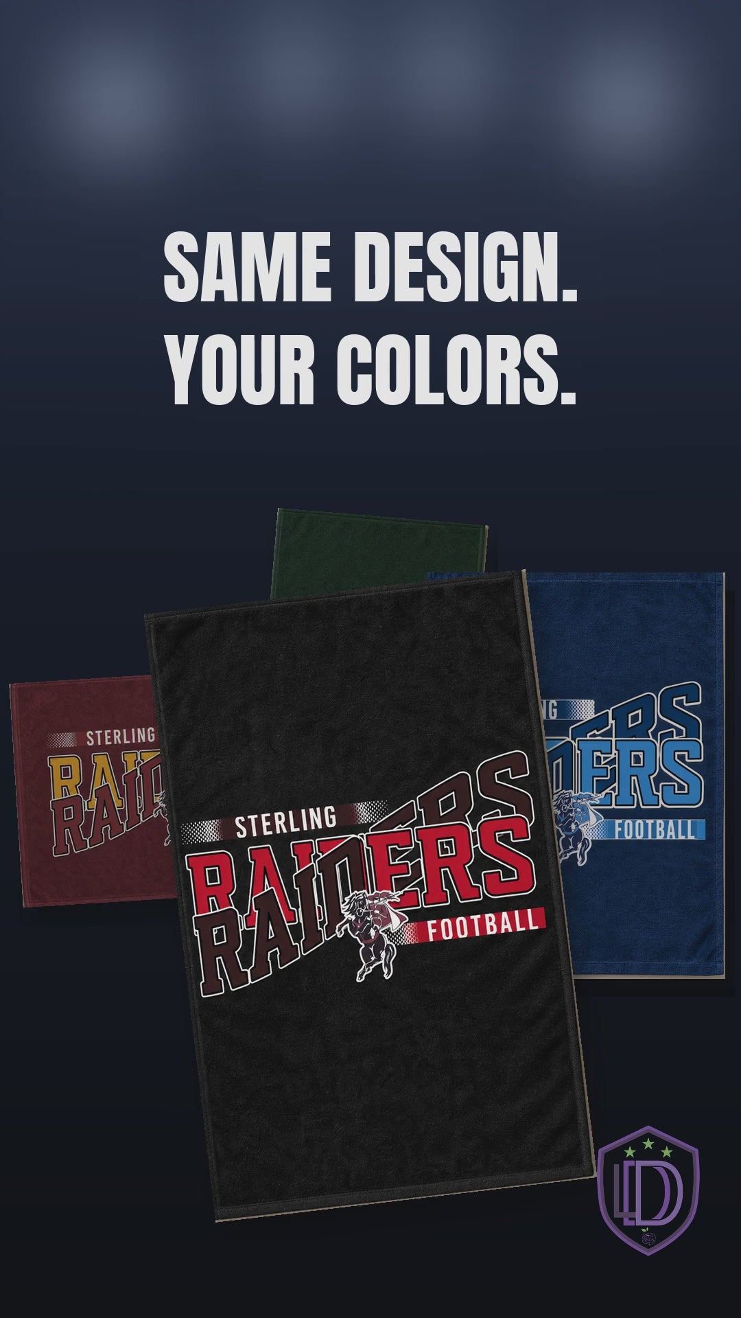 Four game day rally towels with the same design in navy and light blue, red and black, maroon and gold, and green and gold, turning in a circle.