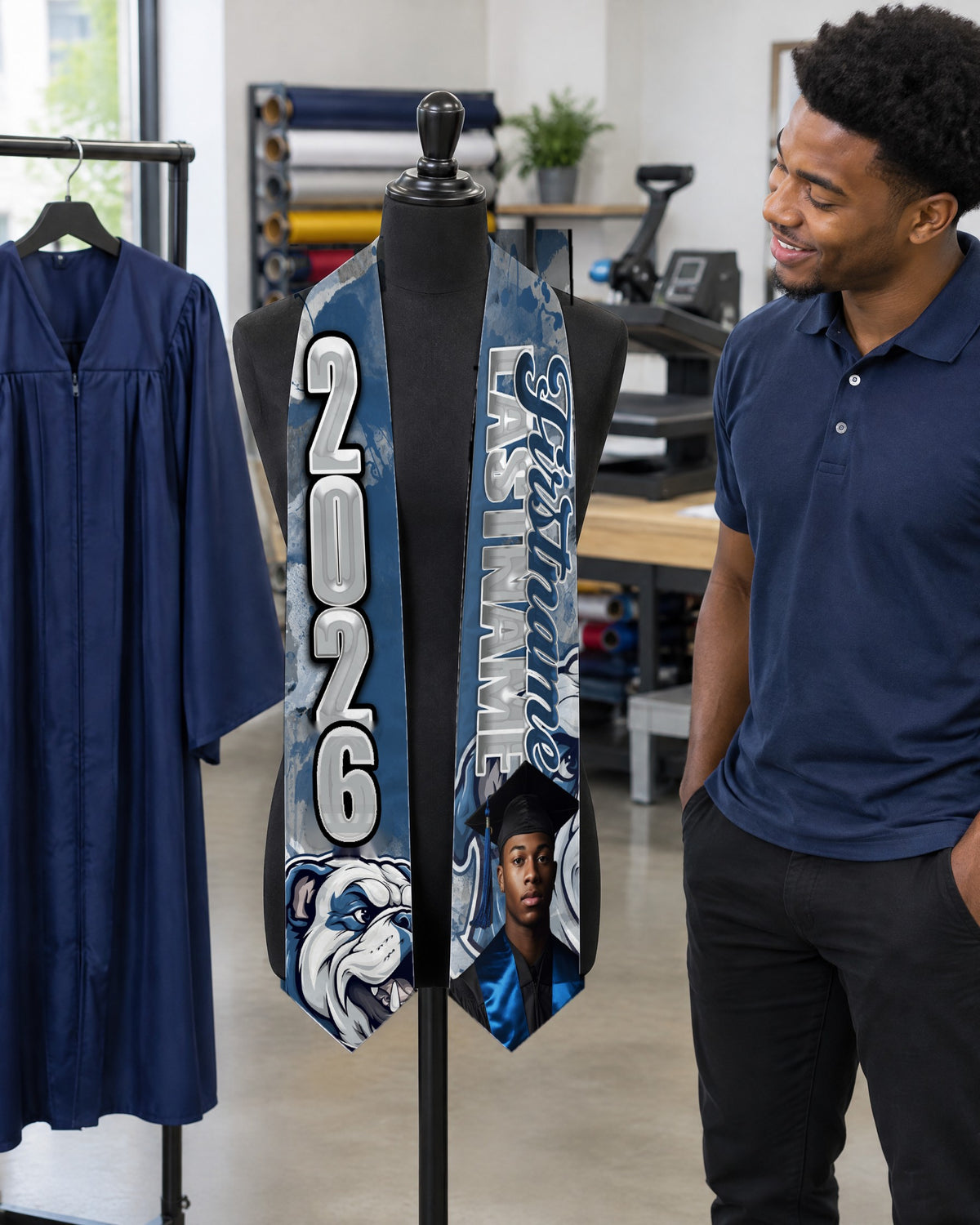 Senior photo graduation stole with 2026 on a dress form in the LDD studio