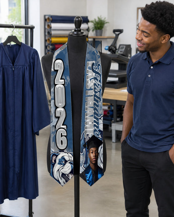 Senior photo graduation stole with 2026 on a dress form in the LDD studio