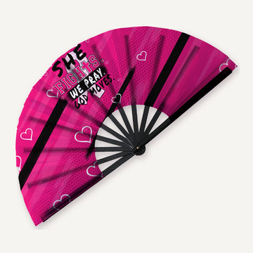 Pink Breast Cancer Awareness clack fan open, She Fights We Pray God Moves with black ribs