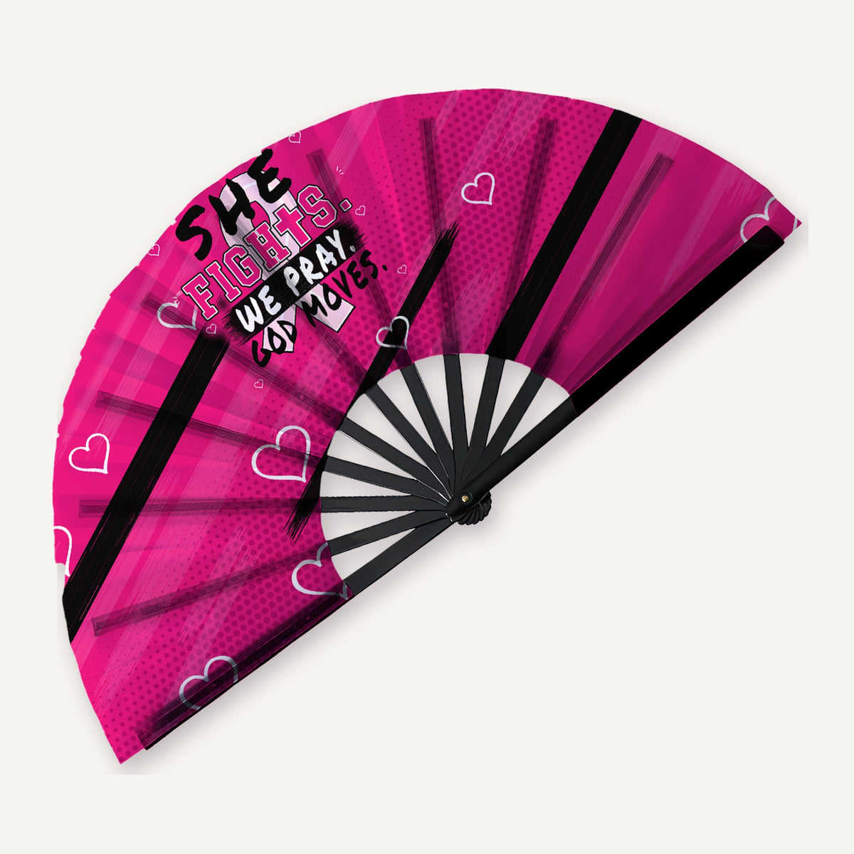 Pink Breast Cancer Awareness clack fan open, She Fights We Pray God Moves with black ribs